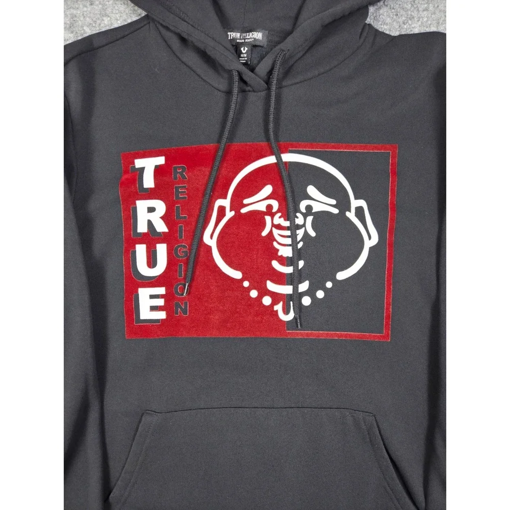 True Religion Hoodie Mens Medium Black Buddha Flocked Pullover Sweatshirt